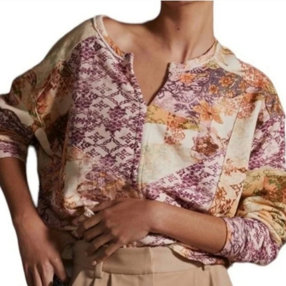 Anthropologie Pilcro Patchwork Mixed Media V-Neck Oversized BoHo Sweater Small